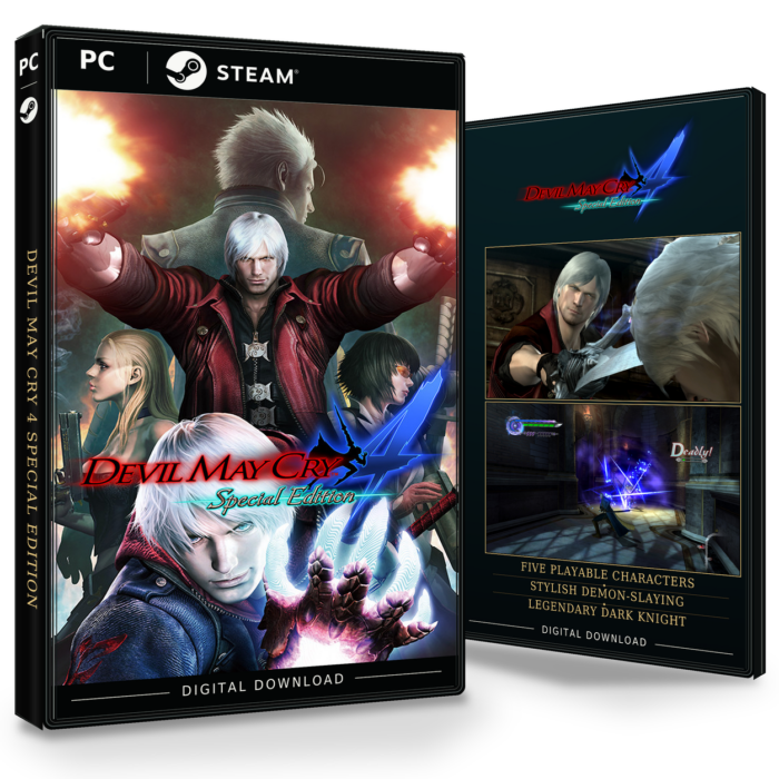Forside og bakside for Devil May Cry 4 Special Edition til Steam, med to skjermbilder fra spillet.