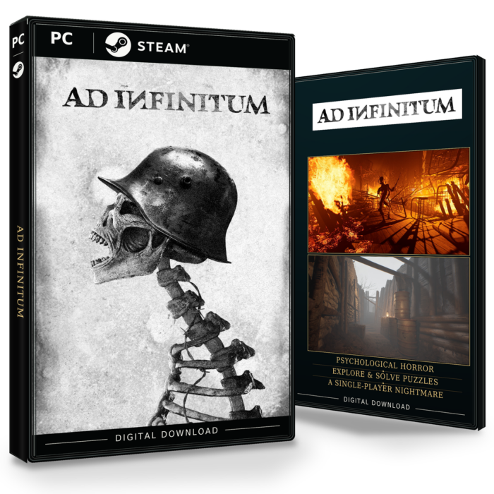 Forside og bakside for Ad Infinitum til Steam, med to skjermbilder fra spillet.
