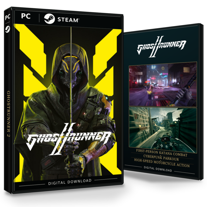 Forside og bakside for Ghostrunner 2 til Steam, med to skjermbilder fra spillet.