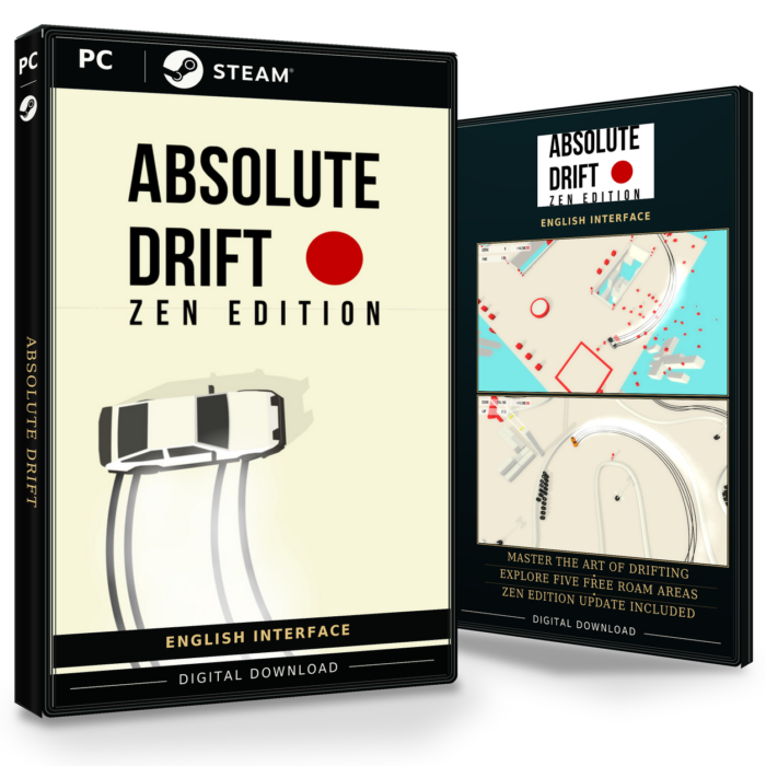 Forside og bakside for Absolute Drift til Steam, med to skjermbilder fra spillet.