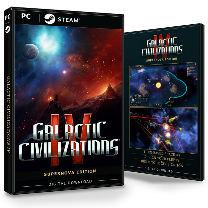 Forside og bakside for Galactic Civilizations IV: Supernova Edition til Steam, med to skjermbilder fra spillet.