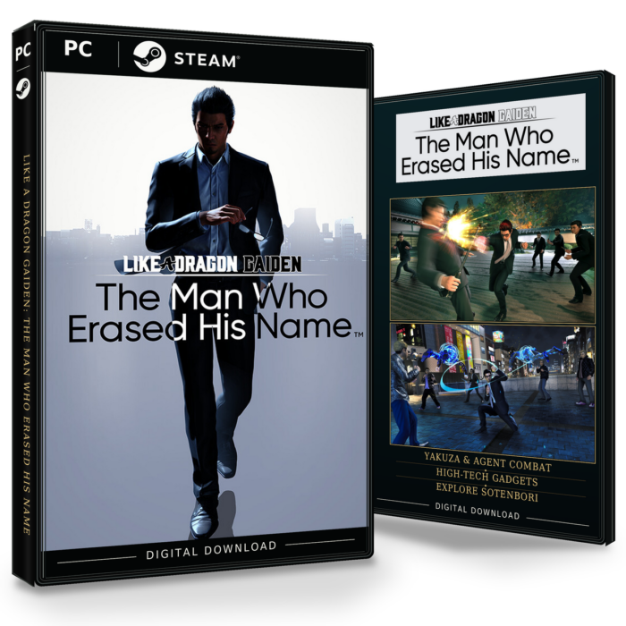 Forside og bakside for Like a Dragon Gaiden: The Man Who Erased His Name Steam, med to skjermbilder fra spillet.