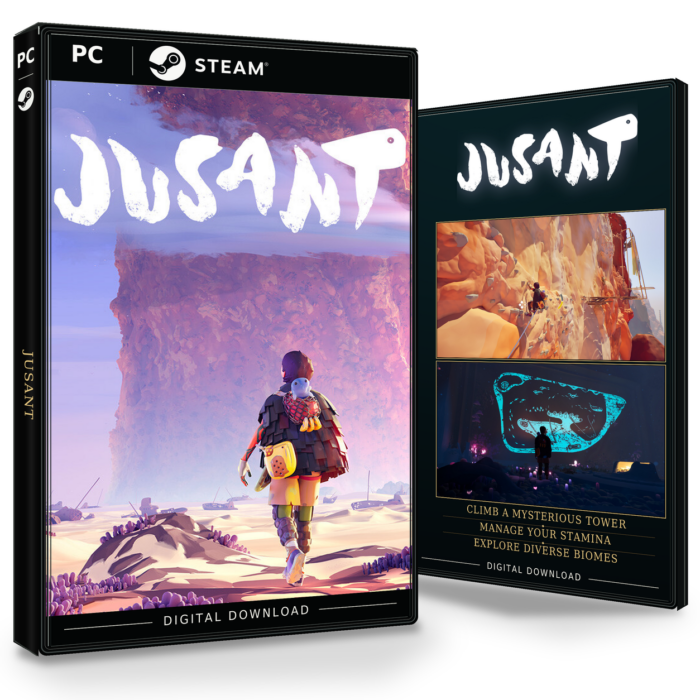 Forside og bakside for Jusant Steam, med to skjermbilder fra spillet.
