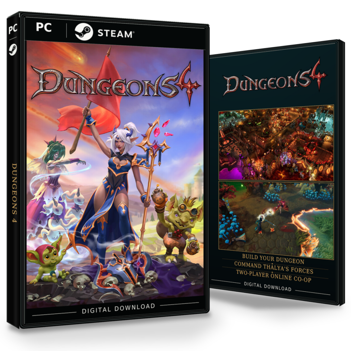 Forside og bakside av Dungeons 4 for Steam, med to skjermbilder fra spillet.