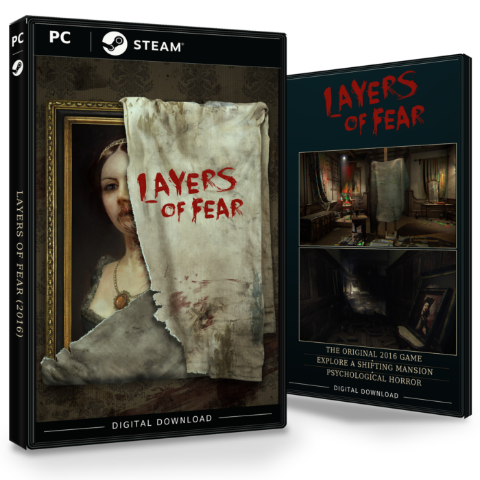 Forside og bakside av Layers of Fear (2016) for Steam, vist som to produktesker for den digitale utgaven.