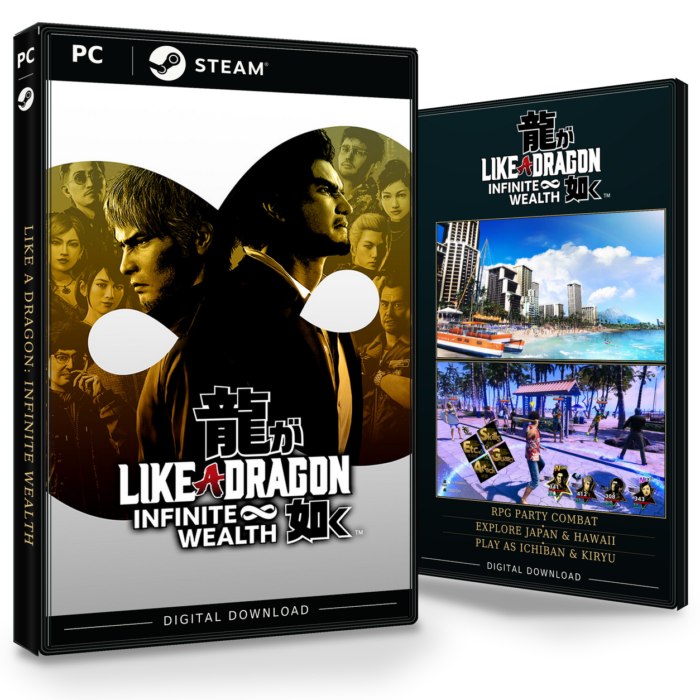 Forside og bakside for Like a Dragon: Infinite Wealth Steam, med to skjermbilder fra spillet.
