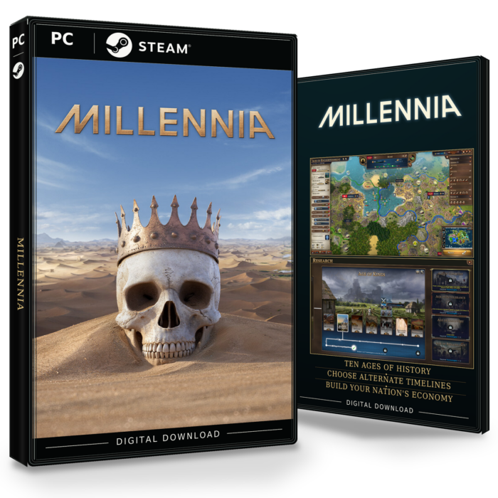 Forside og bakside for Millennia til Steam, med to skjermbilder fra spillet.