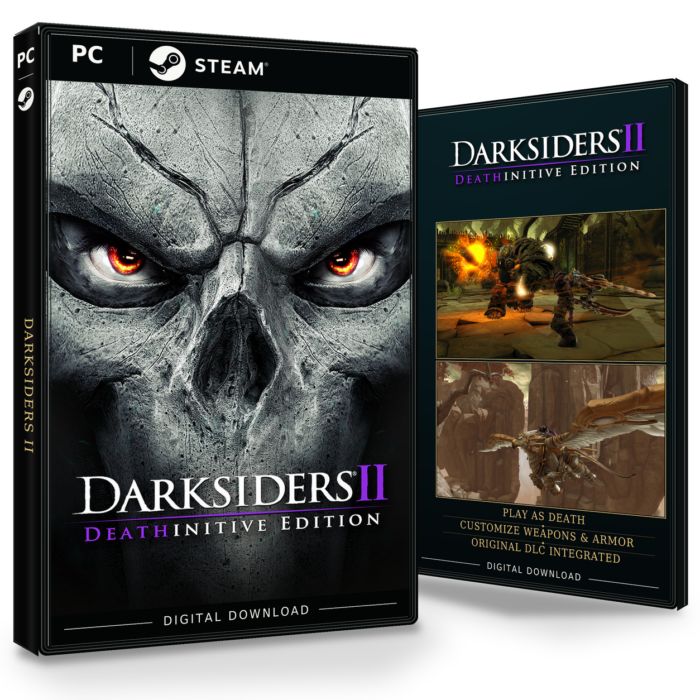 Forside og bakside for Darksiders II Deathinitive Edition til Steam, med to skjermbilder fra spillet.