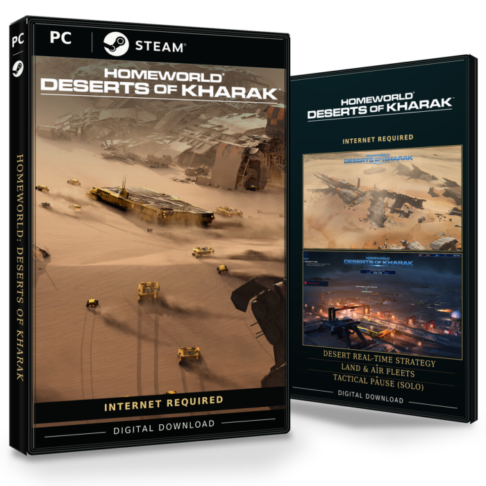 Forside og bakside for Homeworld: Deserts of Kharak til Steam, med to skjermbilder fra spillet.