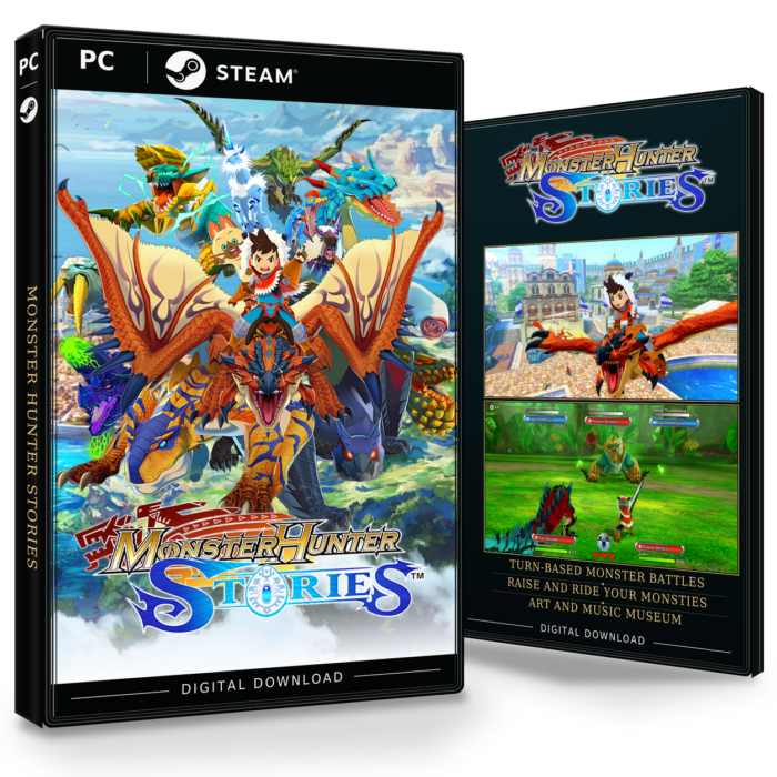 Forside og bakside for Monster Hunter Stories til Steam, med to skjermbilder fra spillet.