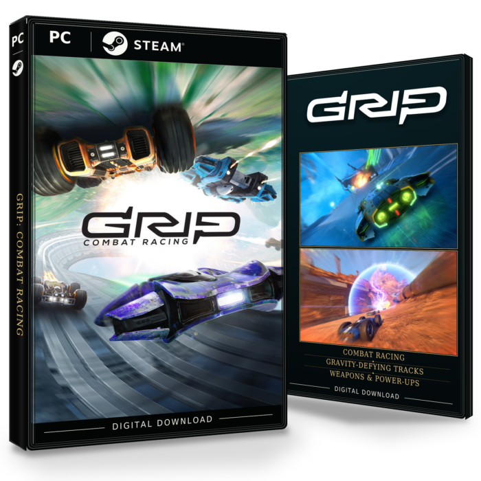 Forside og bakside av GRIP: Combat Racing Steam, med to skjermbilder fra spillet.