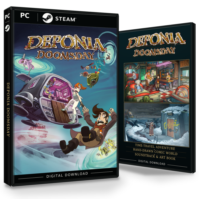 Forside og bakside for Deponia Doomsday til Steam, med to skjermbilder fra spillet.