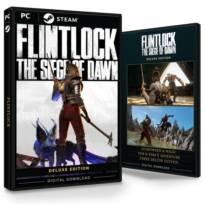 Forside og bakside for Flintlock: The Siege of Dawn Deluxe Edition til Steam, med to skjermbilder fra spillet.