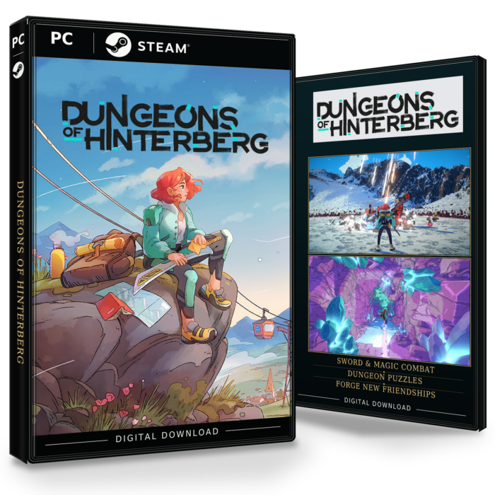 Forside og bakside for Dungeons of Hinterberg Steam, med to skjermbilder fra spillet.