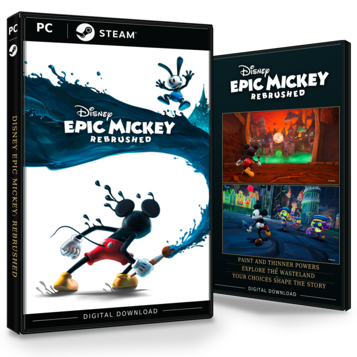 Forside og bakside for Disney Epic Mickey: Rebrushed Steam, med to skjermbilder fra spillet.