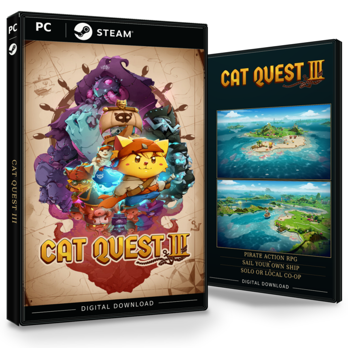 Produktbilde med forside og bakside for Cat Quest III Steam.
