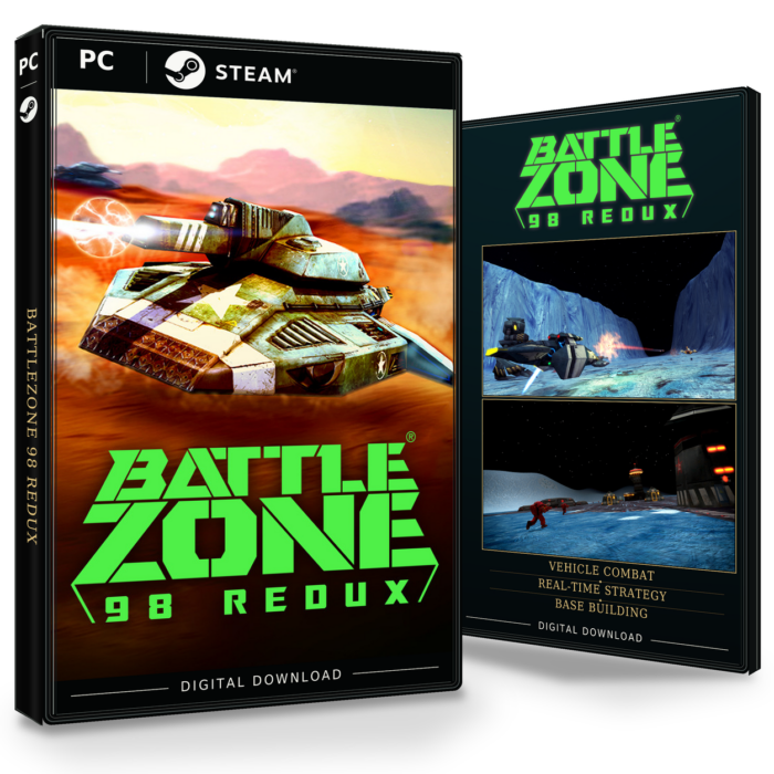 Forside og bakside av Battlezone 98 Redux Steam, med to skjermbilder fra spillet.