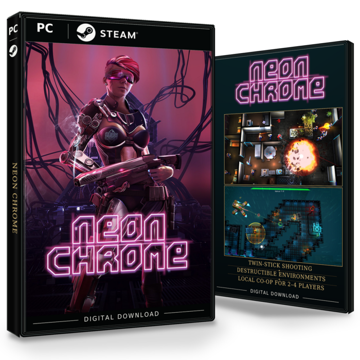 Forside og bakside av Neon Chrome Steam, med to skjermbilder fra spillet.