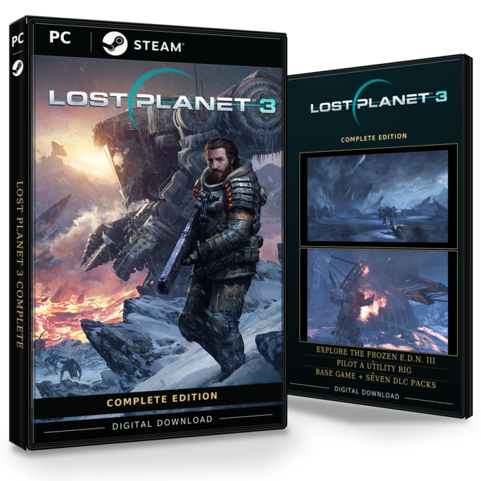Forside og bakside for Lost Planet 3 Complete til Steam, med to skjermbilder fra spillet.