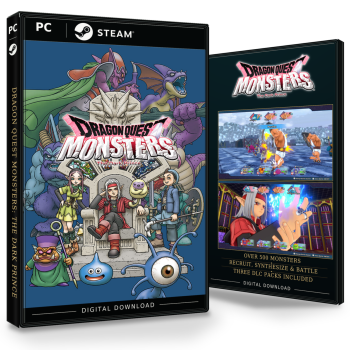 Forside og bakside for DRAGON QUEST MONSTERS: The Dark Prince til Steam, med to skjermbilder fra spillet.