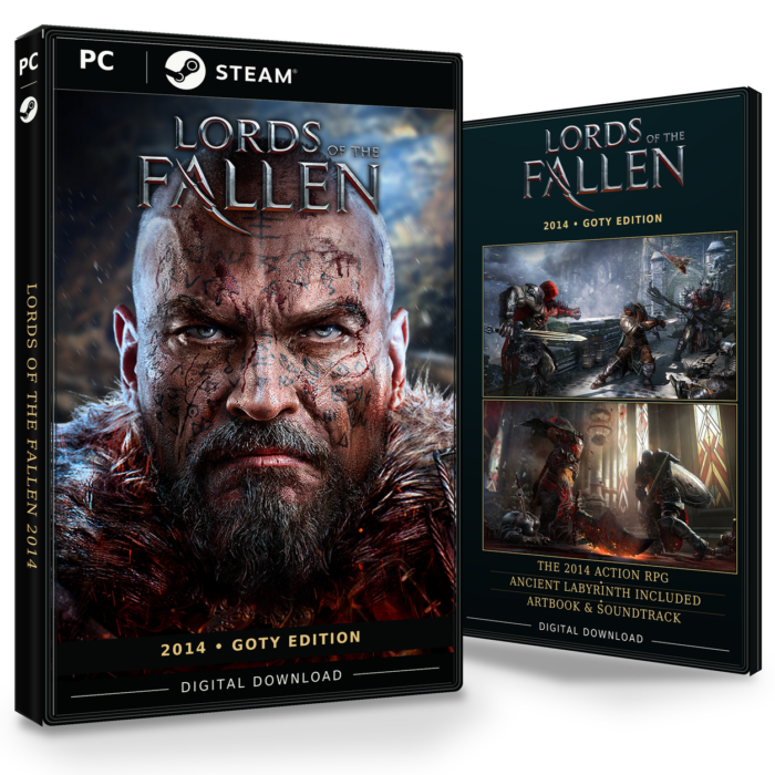 Forside og bakside for Lords of the Fallen (2014) GOTY til Steam, med to skjermbilder fra spillet.