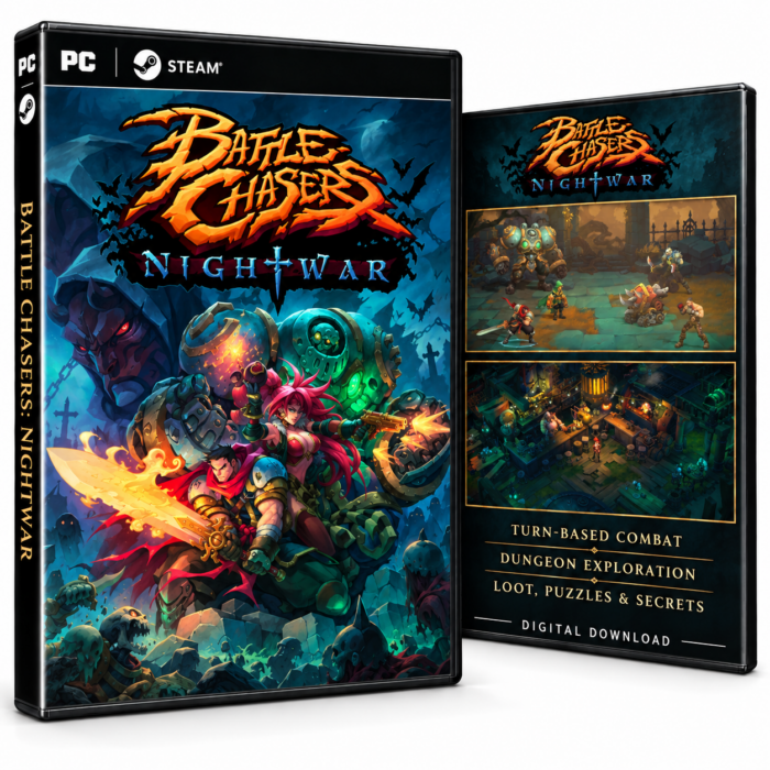 Forside og bakside av Battle Chasers: Nightwar Steam, med to skjermbilder fra spillet.