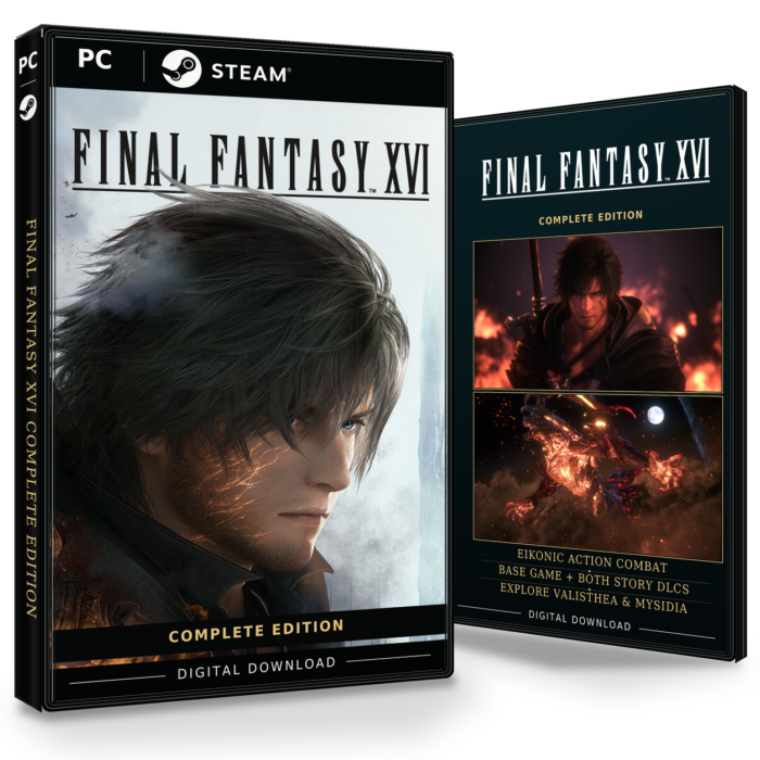 Forside og bakside av FINAL FANTASY XVI Complete Edition for Steam, vist som to produktesker for den digitale utgaven.
