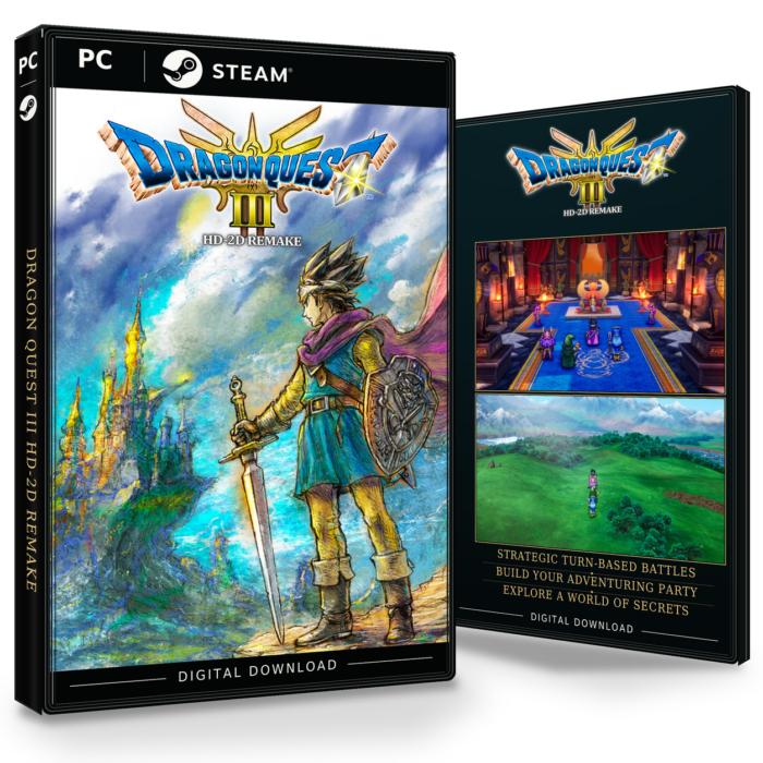 Forside og bakside for DRAGON QUEST III HD-2D Remake til Steam, med to skjermbilder fra spillet.