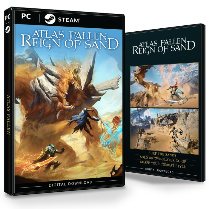 Forside og bakside av Atlas Fallen: Reign of Sand for Steam, vist som to produktesker for den digitale utgaven.