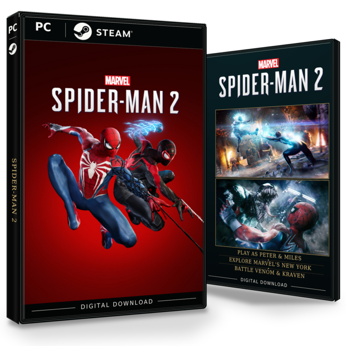 Forside og bakside for Marvel's Spider-Man 2 til Steam, med to skjermbilder fra spillet.