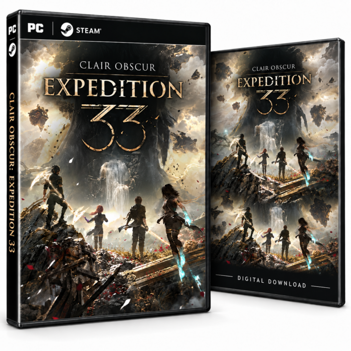 Clair Obscur: Expedition 33 for Steam – to illustrerte spillomslag med ekspedisjonen i et fantasilandskap.