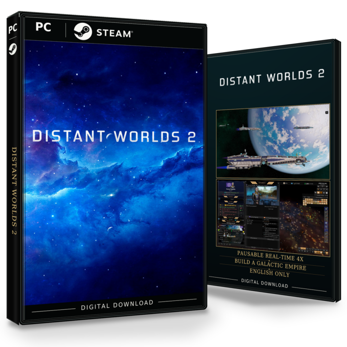 Forside og bakside for Distant Worlds 2 til Steam, med to skjermbilder fra spillet.
