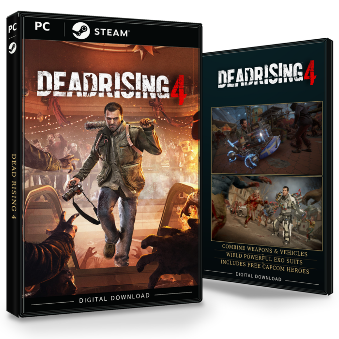 Forside og bakside for Dead Rising 4 til Steam, med to skjermbilder fra spillet.