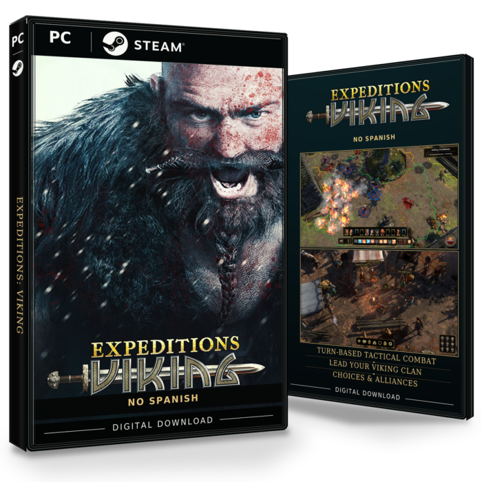 Forside og bakside for Expeditions: Viking til Steam, med to skjermbilder fra spillet.