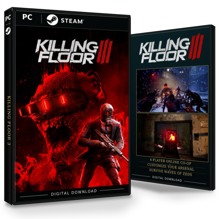 Forside og bakside for Killing Floor 3 til Steam, med to skjermbilder fra spillet.