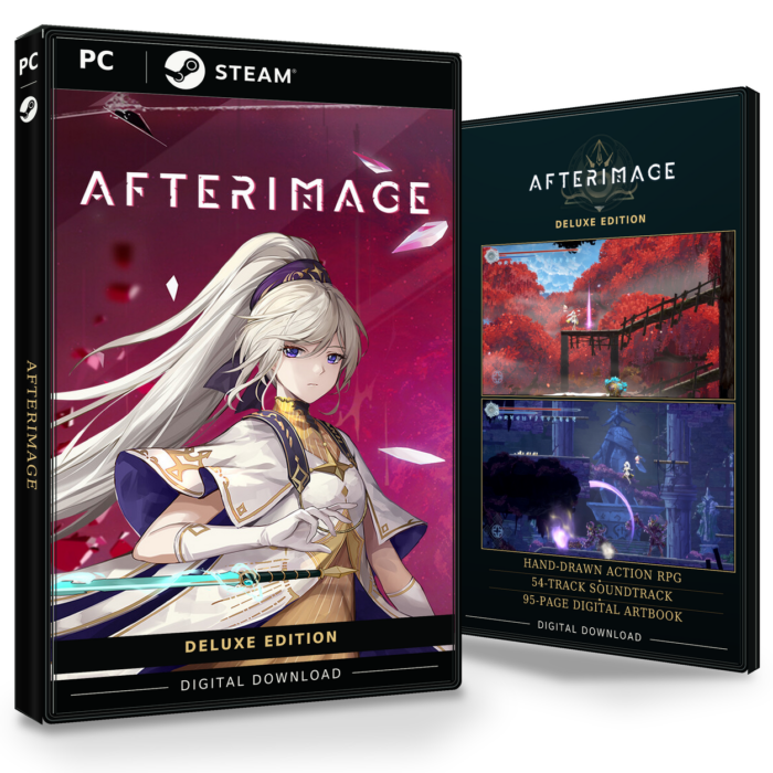 Forside og bakside for Afterimage Deluxe Edition til Steam, med to skjermbilder fra spillet.
