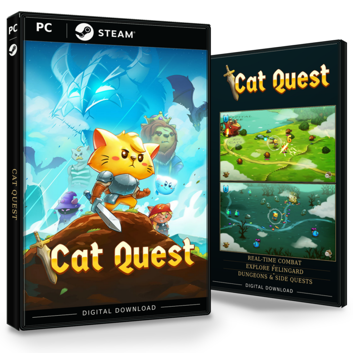 Produktbilde med forside og bakside for Cat Quest Steam.