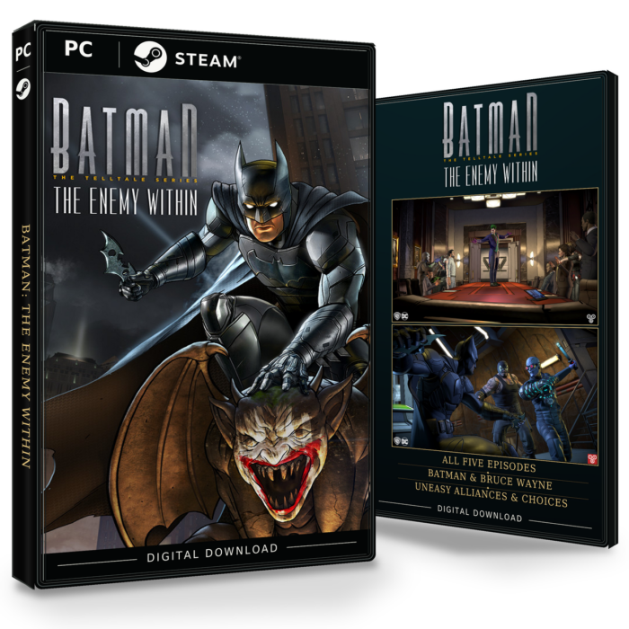 Forside og bakside for Batman: The Enemy Within Steam, med to skjermbilder fra spillet.
