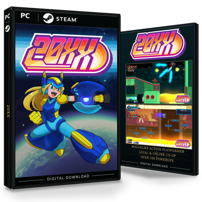 Forside og bakside for 20XX Steam, med to skjermbilder fra spillet.
