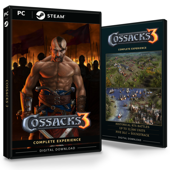 Forside og bakside for Cossacks 3 Complete Experience til Steam, med to skjermbilder fra spillet.