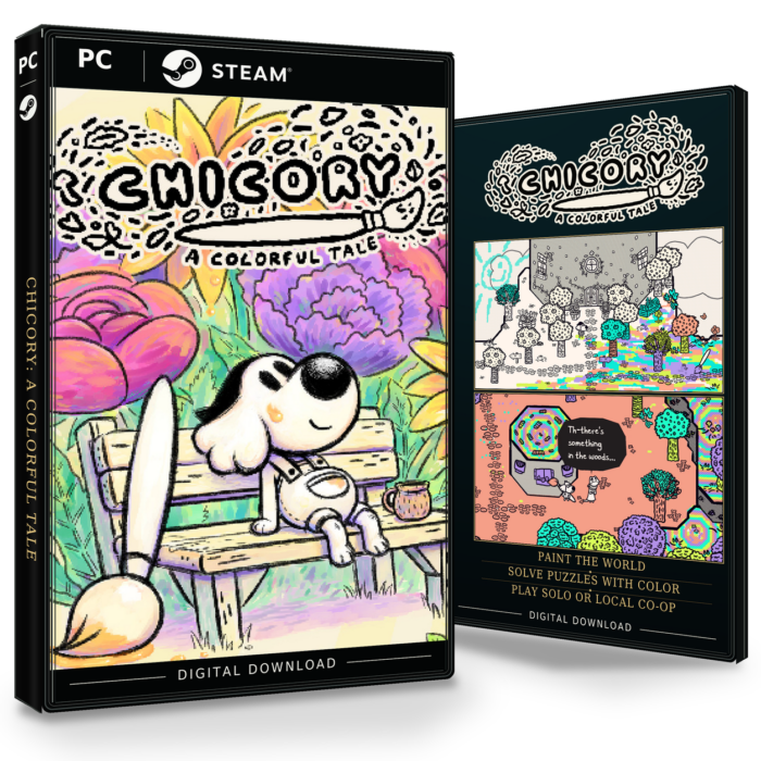 Forside og bakside for Chicory: A Colorful Tale Steam, med to skjermbilder fra spillet.