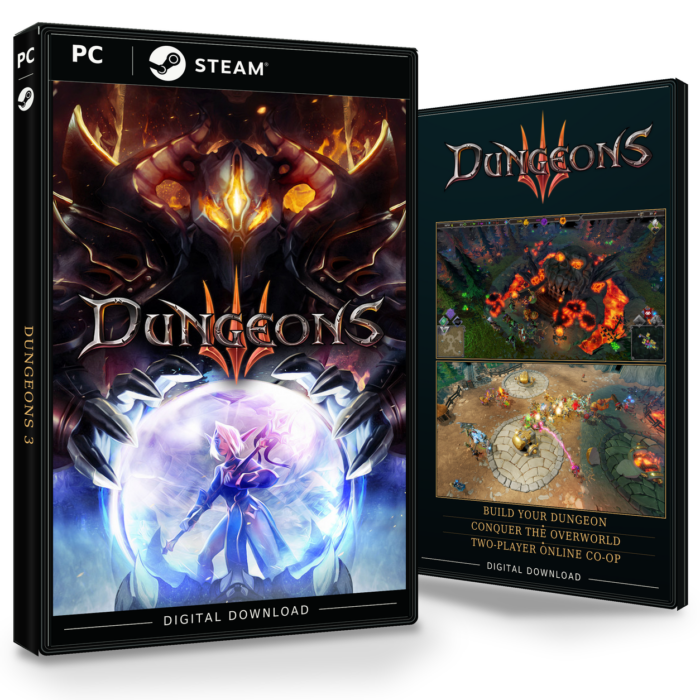 Forside og bakside av Dungeons 3 for Steam, med to skjermbilder fra spillet.