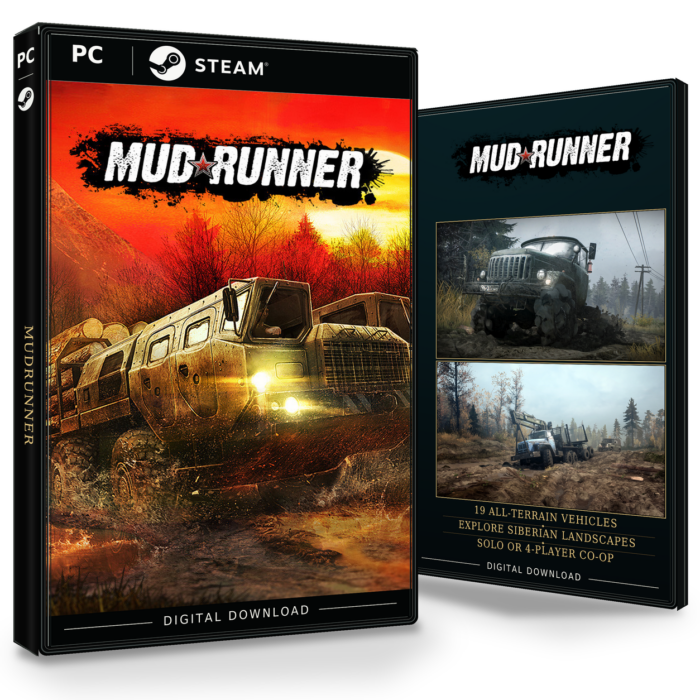 Forside og bakside for MudRunner Steam, med to skjermbilder fra spillet.