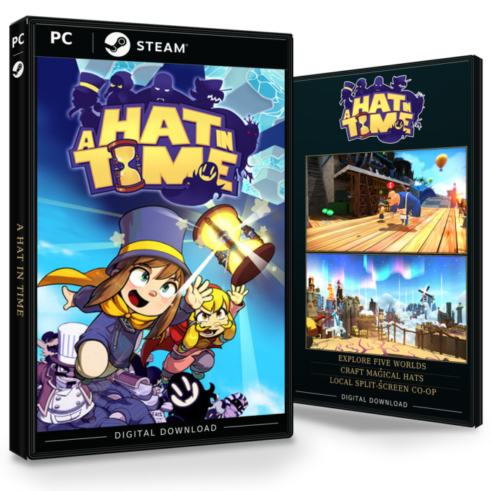 Forside og bakside for A Hat in Time til Steam, med to skjermbilder fra spillet.