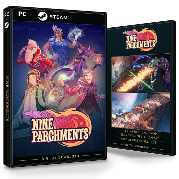 Forside og bakside for Nine Parchments til Steam, med to skjermbilder fra spillet.