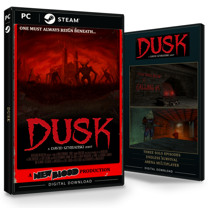 Forside og bakside for DUSK til Steam, med to skjermbilder fra spillet.