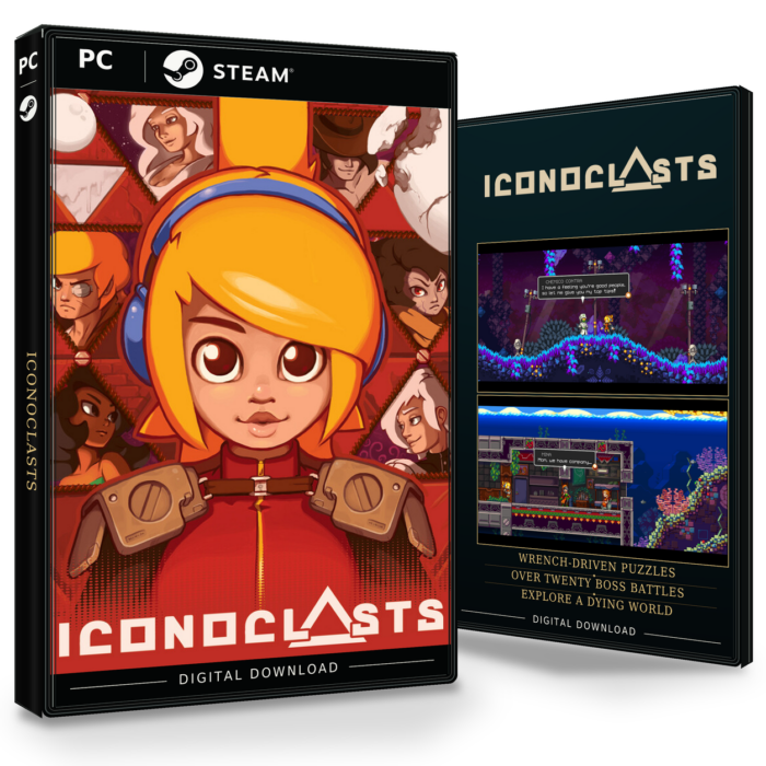Forside og bakside for Iconoclasts til Steam, med to skjermbilder fra spillet.