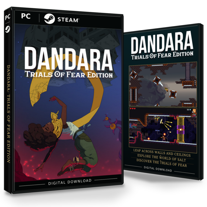 Forside og bakside for Dandara: Trials of Fear Edition til Steam, med to skjermbilder fra spillet.