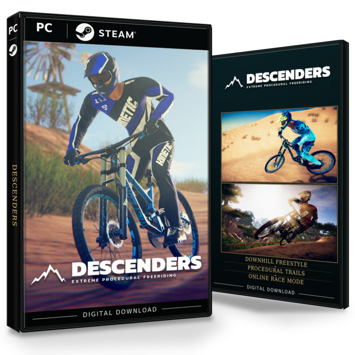 Forside og bakside for Descenders til Steam, med to skjermbilder fra spillet.