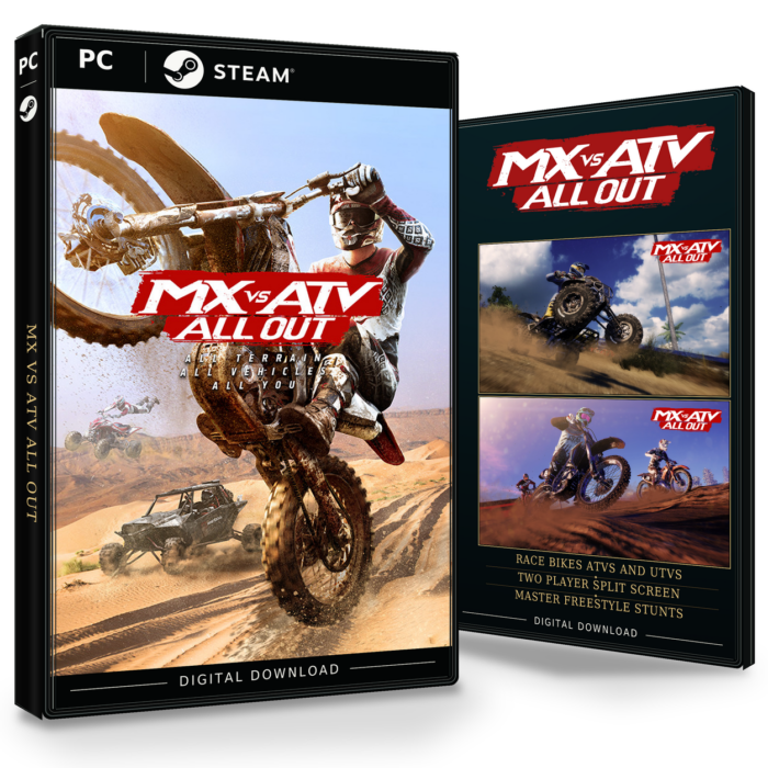Forside og bakside for MX vs ATV All Out til Steam, med to skjermbilder fra spillet.